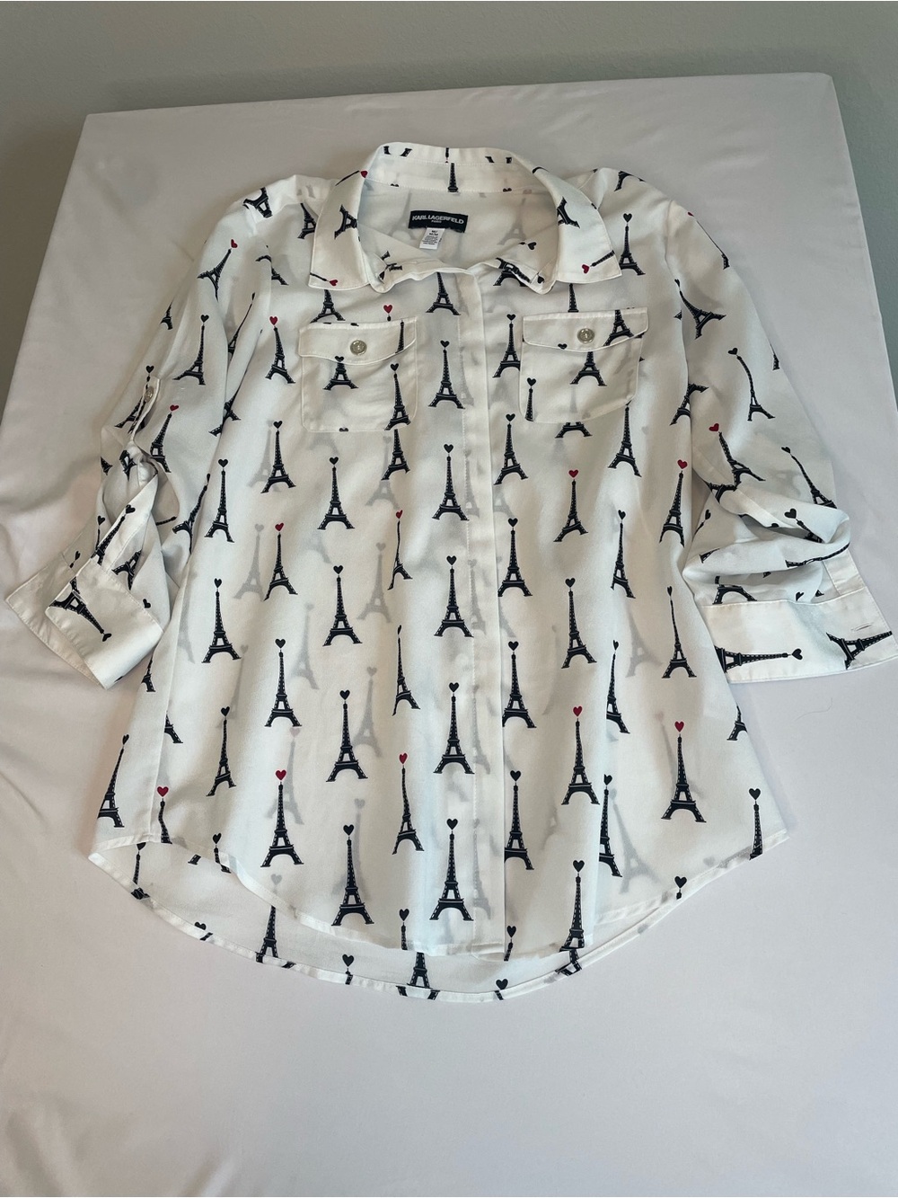 Karl Lagerfeld White Shirt with Black Eiffel Tower Print and Small Red Hearts